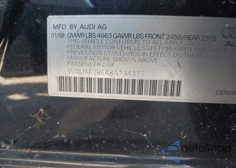 2008 Audi A4 2.0T/2.0T Special Edition from USA, damaged, VIN WAUAF78E48A134377